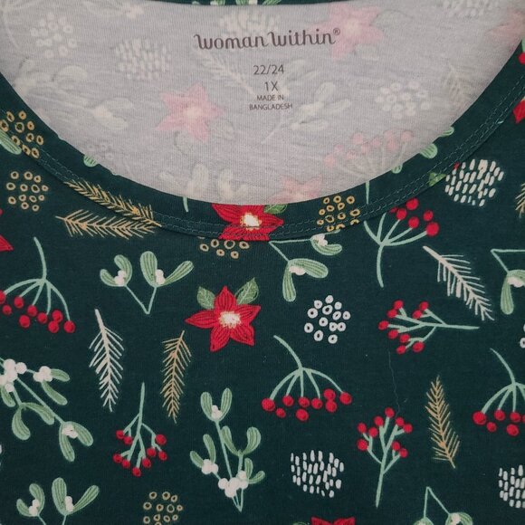 WOMAN WITHIN CHRISTMAS HOLIDAY -SCOOP NECK LONG SLEEVE TEE DESIGN -GREEN- SZ 1X - Picture 2 of 11